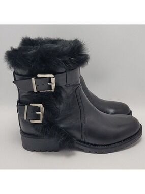Charles David Reno Black Leather Faux Fur Buckle Side Zip Mid Ankle Boots Sz 38